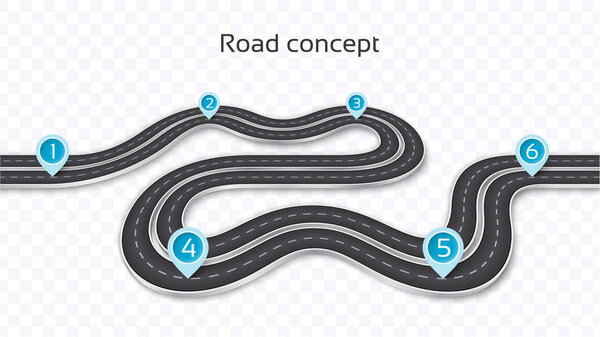 Winding 3D road concept on a transparent background. Timeline te