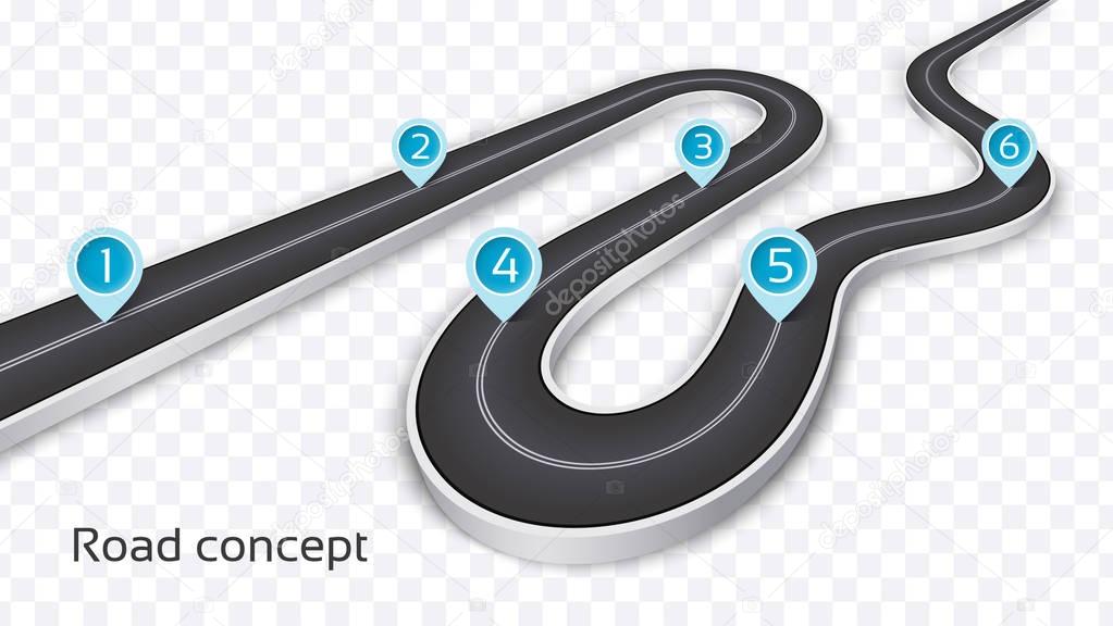 Winding 3D road concept on a transparent background. Timeline te