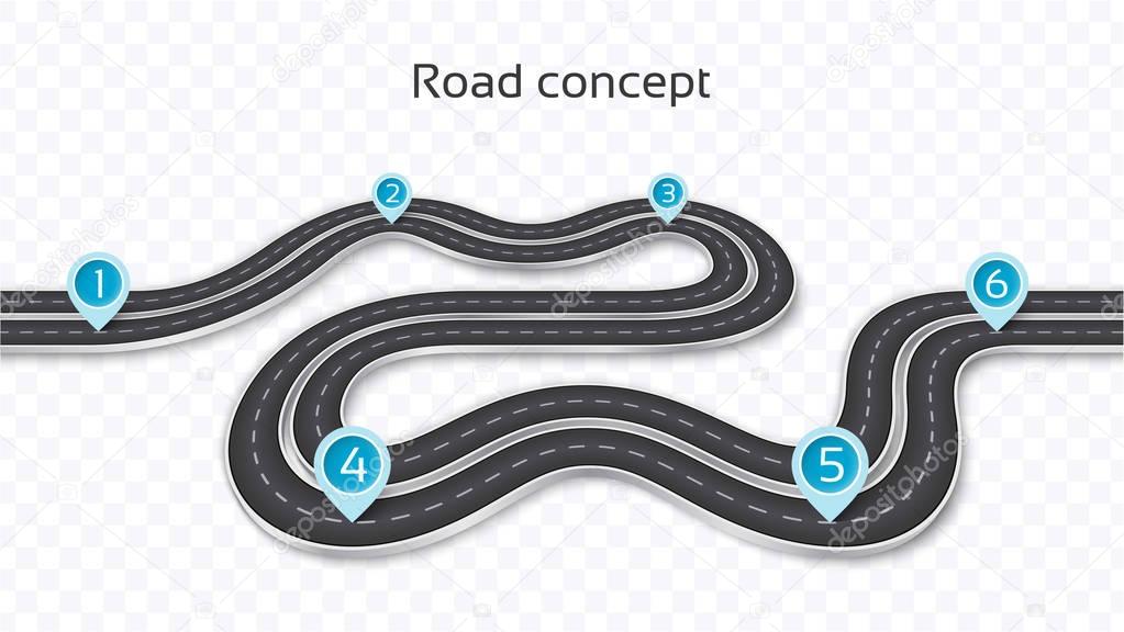 Winding 3D road concept on a transparent background. Timeline te