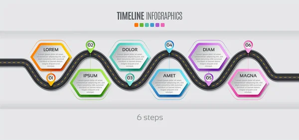 Carte de navigation infographie Concept de chronologie en 6 étapes. Vecteur illu — Image vectorielle