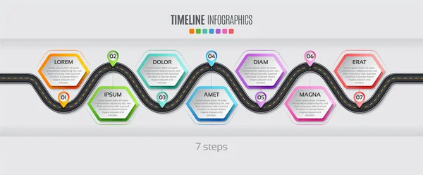 Carte de navigation infographie Concept de chronologie en 7 étapes. Vecteur illu — Image vectorielle