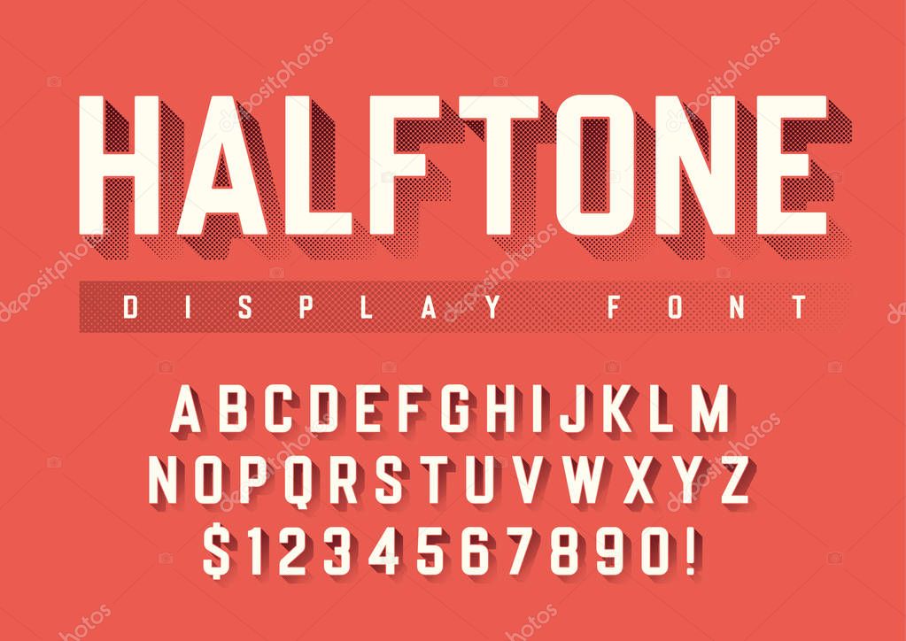 Vector display font design with halftone shadow, alphabet, chara