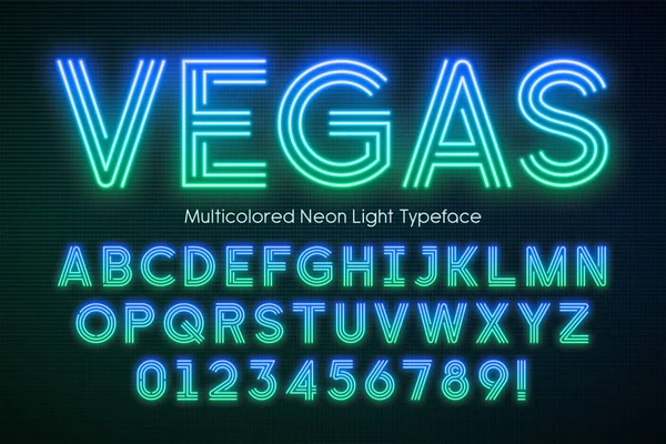 Неоновый легкий алфавит, разноцветный сверкающий шрифт — стоковый вектор