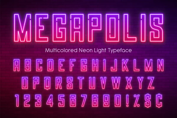 Neonlicht-Alphabet, mehrfarbige extra leuchtende Schrift. — Stockvektor