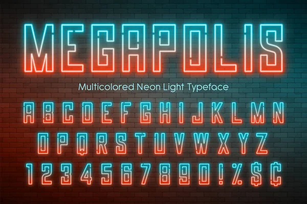 Neonlicht-Alphabet, mehrfarbige extra leuchtende Schrift. — Stockvektor