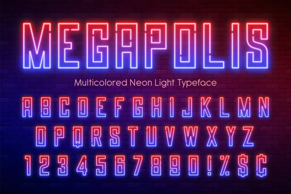 Neonlicht-Alphabet, mehrfarbige extra leuchtende Schrift. — Stockvektor