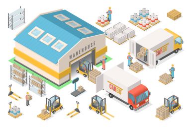 İzometrik ambar Icon set, düzeni, lojistik kavramı