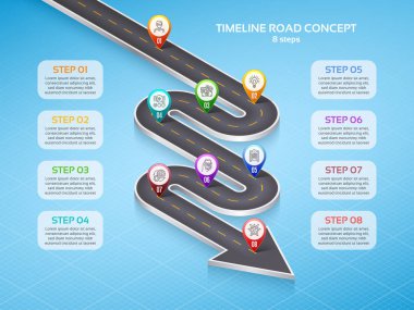 İzometrik navigasyon harita Infographic 8 adımlar zaman çizelgesi kavramı. W