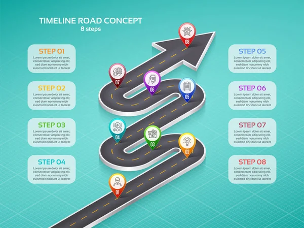 Isometric navigation map infographic 8 steps timeline concept. W — Stock Vector