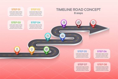 İzometrik navigasyon harita Infographic 8 adımlar zaman çizelgesi kavramı. W