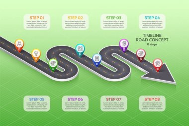 İzometrik navigasyon harita Infographic 8 adımlar zaman çizelgesi kavramı. W