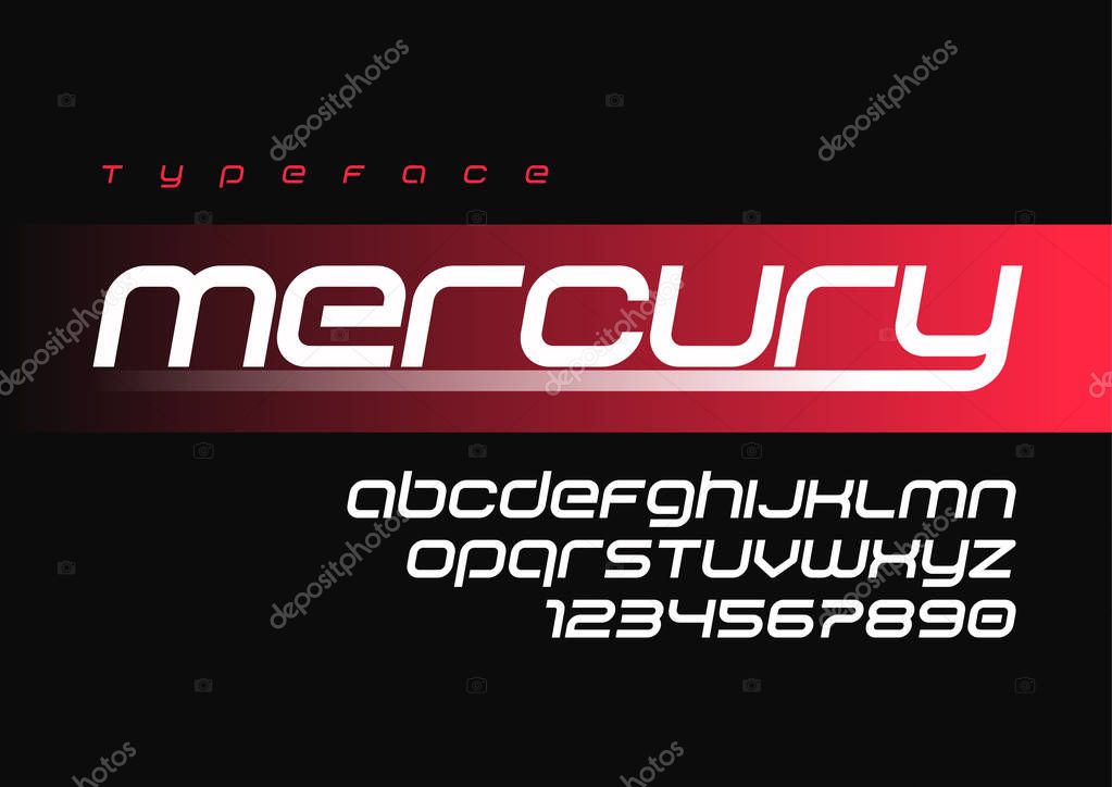 Mercury futuristic sports font design, alphabet, typeface, letters and numbers, typography. Swatch color control