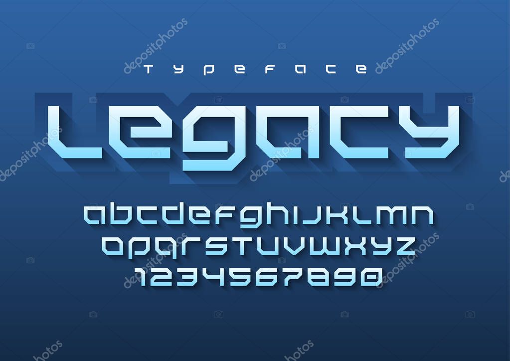 Legacy futuristic sports font design, alphabet, typeface, letters and numbers, typography. Swatch color control