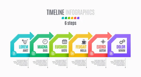 Seis pasos línea de tiempo de infografía, presentación, informe, diseño — Vector de stock