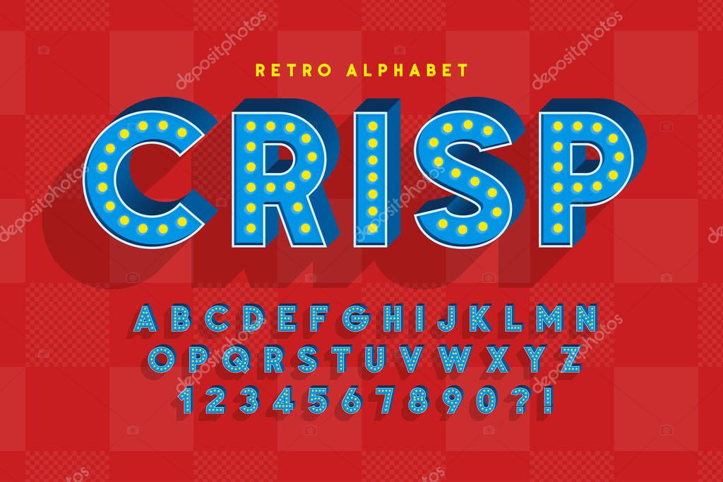 Retro cinema font design, cabaret, LED lamps letters and numbers. Swatches color control