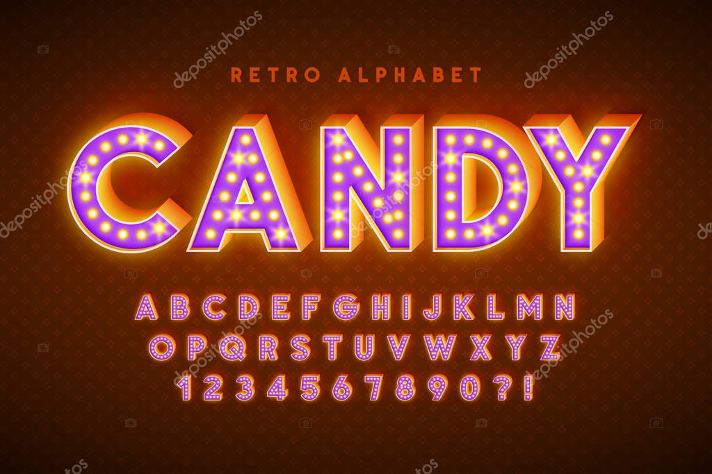 Retro cinema font design, cabaret, LED lamps letters and numbers. Swatches color control