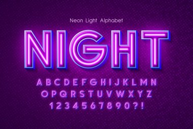 Neon ışık 3d alfabesi, ekstra parlak yazı tipi.