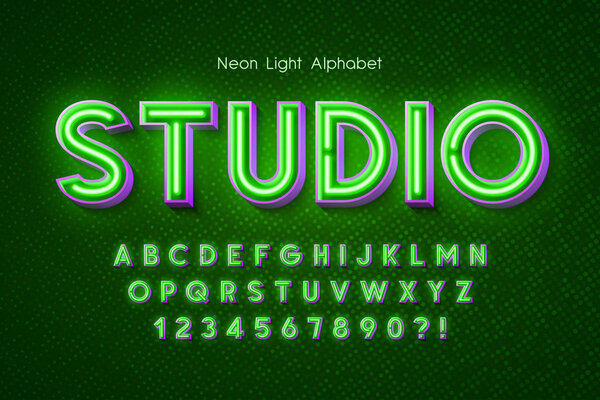 Neon light 3d alphabet, extra glowing font.