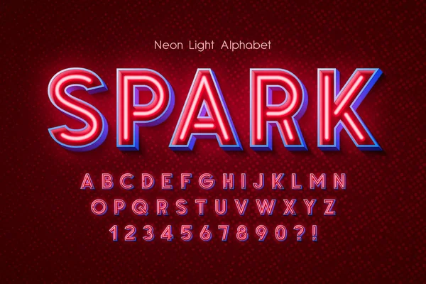 Neon licht 3D-alfabet, extra gloeiende lettertype. — Stockvector