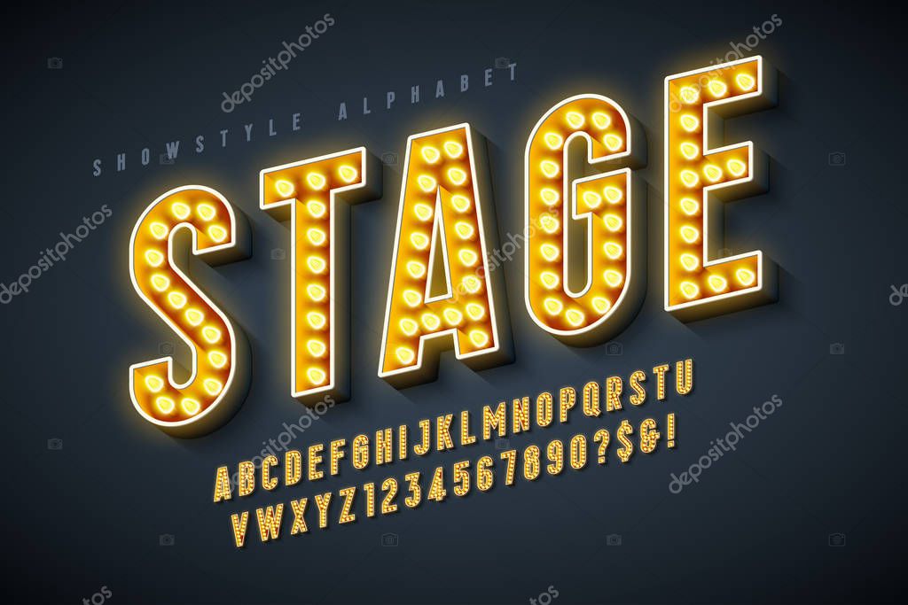 Retro cinema font design, cabaret, LED lamps letters and numbers. Swatches color control. 13 degree skew