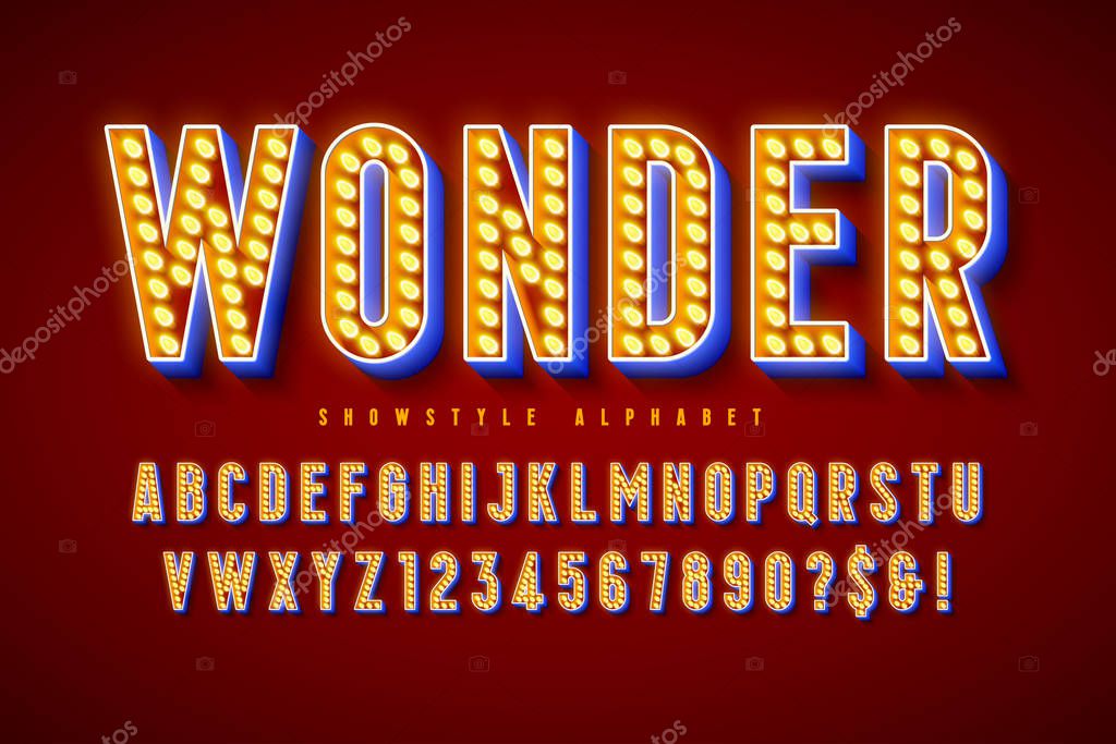 Retro cinema font design, cabaret, LED lamps letters and numbers. Swatches color control