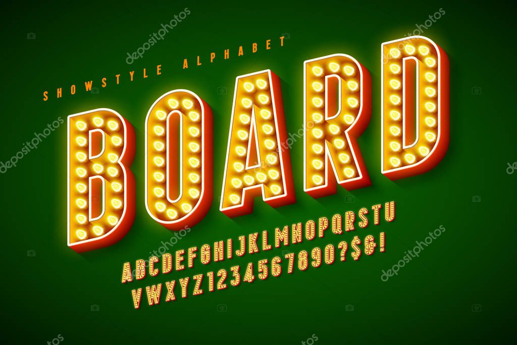 Retro cinema font design, cabaret, LED lamps letters and numbers. Swatches color control. 13 degree skew