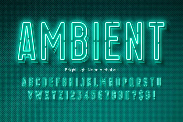 Neon light 3d alphabet, extra glowing modern font.
