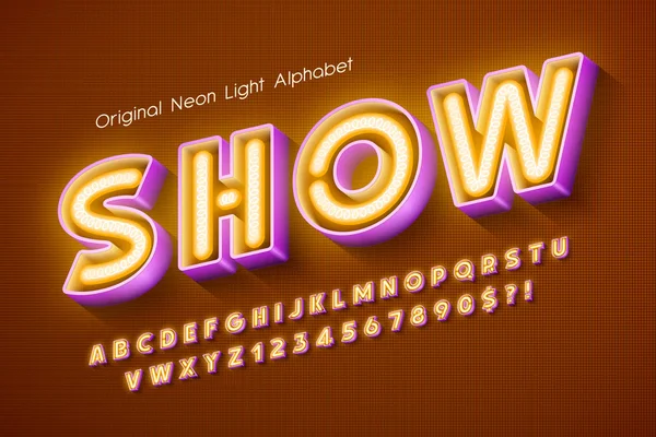 Neon światło 3d alfabetu, bardzo świecący nowoczesny typ. — Wektor stockowy