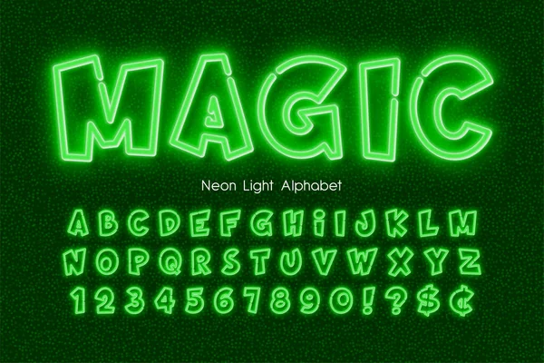 Alfabeto de luz de neón 3d, tipo de estilo cómico extra brillante . — Vector de stock