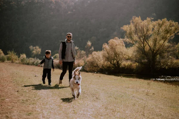 Zonnige dagen vader met zijn zoon te hergebruiken oude jongen hebben een wandeling in het midden ingediend bij hun husky hond — Stockfoto