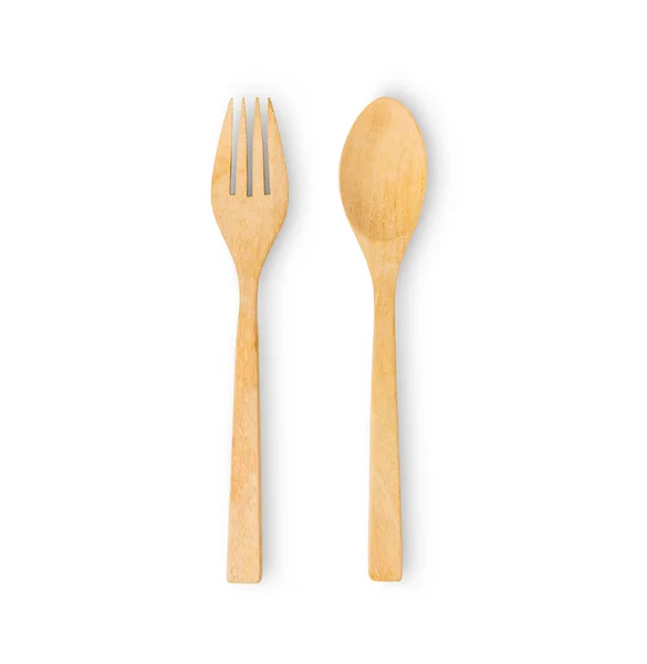 Set de tenedor y cuchara de madera aislada sobre fondo blanco —  Fotos de Stock