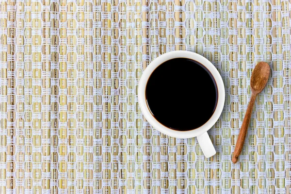 Top view cup of coffee on on burlap surface — Stock Photo, Image