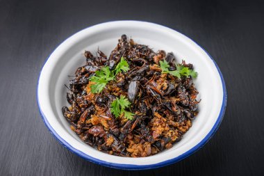 Gıda böcek, kızarmış cırcır demir ahşap masa, Tay f kase.