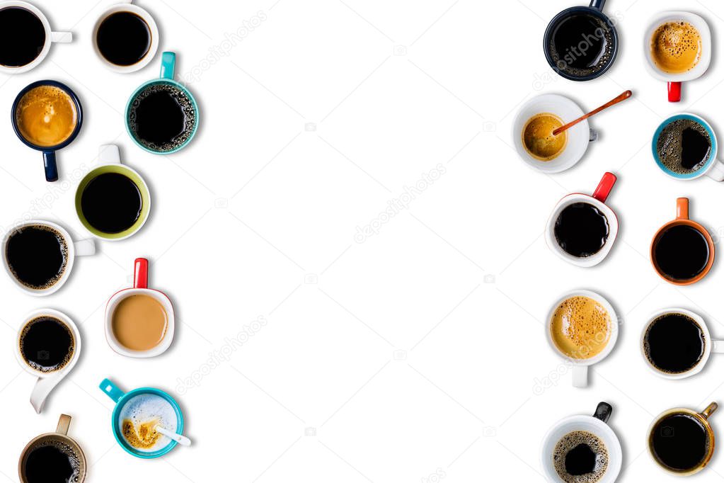 Many cups of coffee on white background. Top view