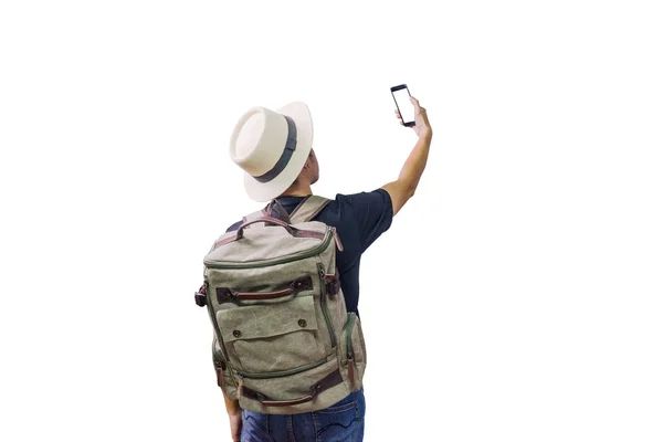 Asian man traveling backpacker on white background — Stock Photo, Image