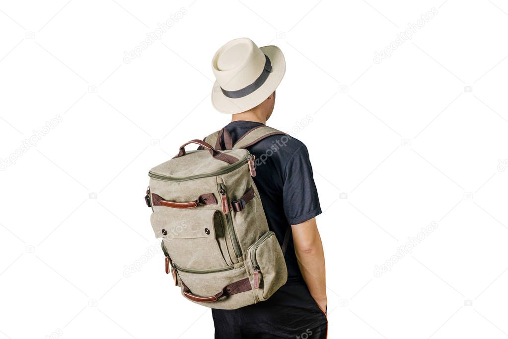 Asian man traveling backpacker on white background