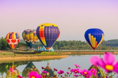 Chiangrai, Tayland - 02 Kasım 2016: sıcak hava balonları Singha Park Chiangrai, çiftlik Festivali ayarlaması 2016, Chiangrai Eyaleti, Tayland tarihinde günbatımında Göğe yükselmeye hazır