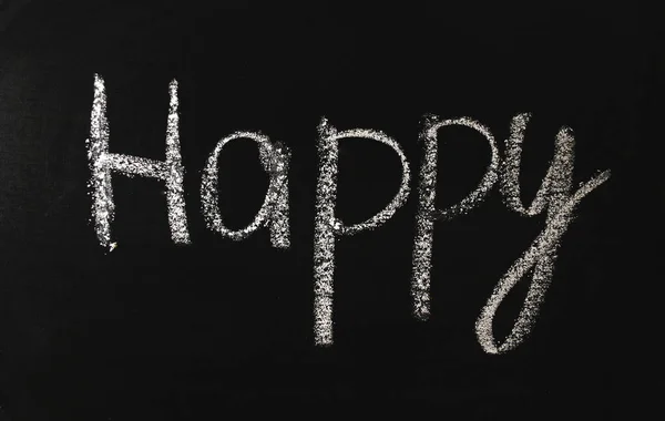 The word happy written in white chalk on a black board