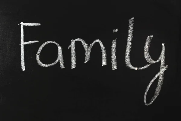 The word family written in white chalk on a black chalkboard