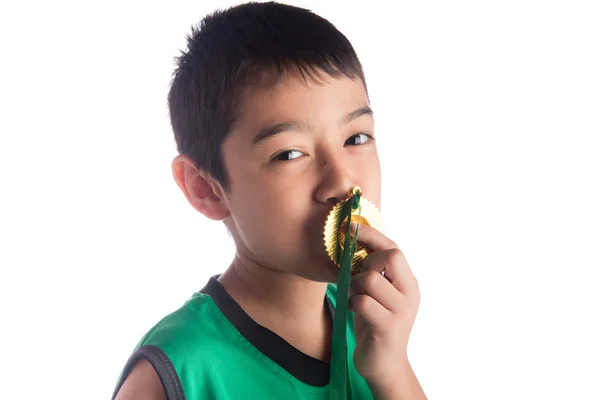 Little boy get gold medal the winner first plact after sport competition — Stock Photo, Image