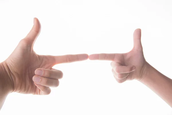 Hand of mom and son pointing finger to each other — Stock Photo, Image