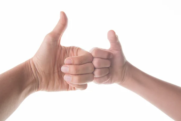 Hand of mom and son thumb up to each other — Stock Photo, Image