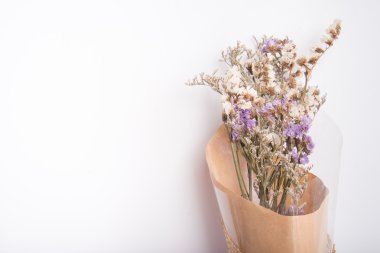 Kuru çiçek buketi beyaz arka plan vintage renk stili