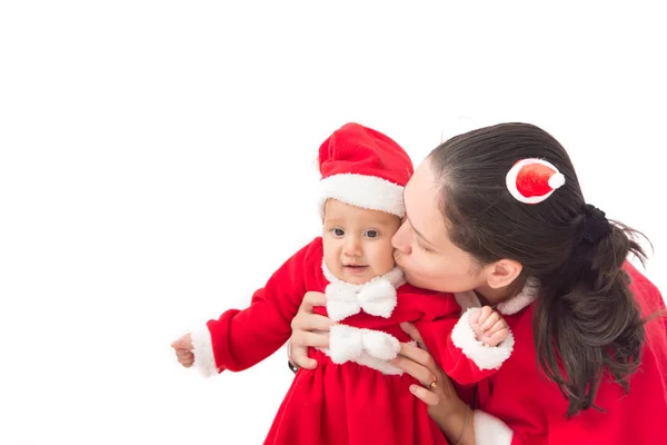 Mutter und Baby im Weihnachtsmannkostüm — Stockfoto