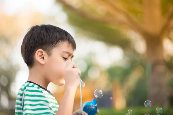 Lille pojken blåser bubblor tvål i parken — Stockfoto