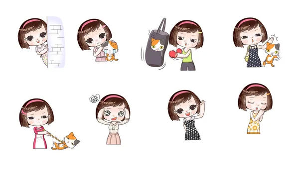 Cartoon character of funny girl in many positions — Stock Photo, Image