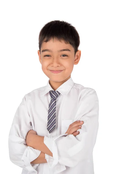 Porträtt av lilla pojken bära vit skjorta skoluniform — Stockfoto