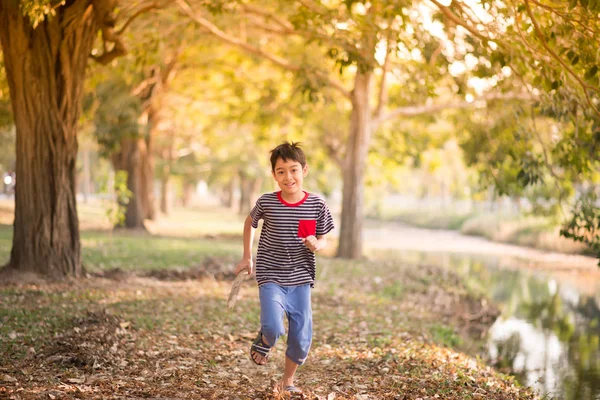 Liten pojke kör i parken med glada ansikte — Stockfoto