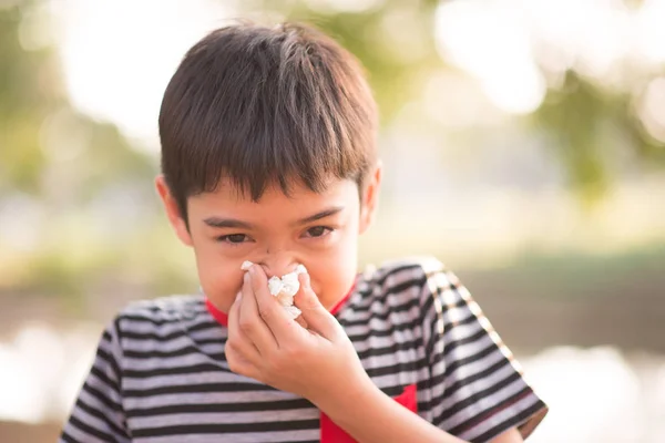 Niño pequeño que usa tejido de una infección alérgica en el parque — Foto de Stock