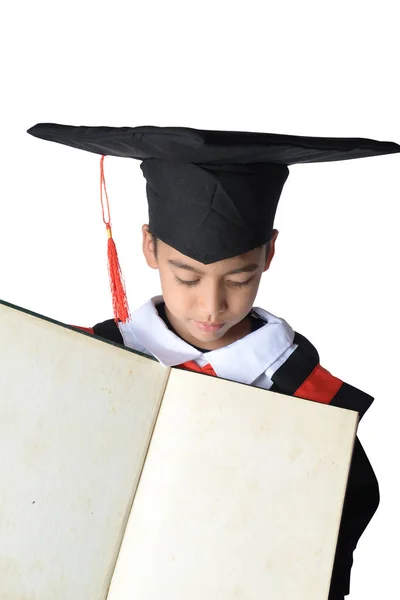 Boy in Graduation Gown Bachelor Robe Cap Academic Dress Kids Cosplay Costume — Stock Photo, Image